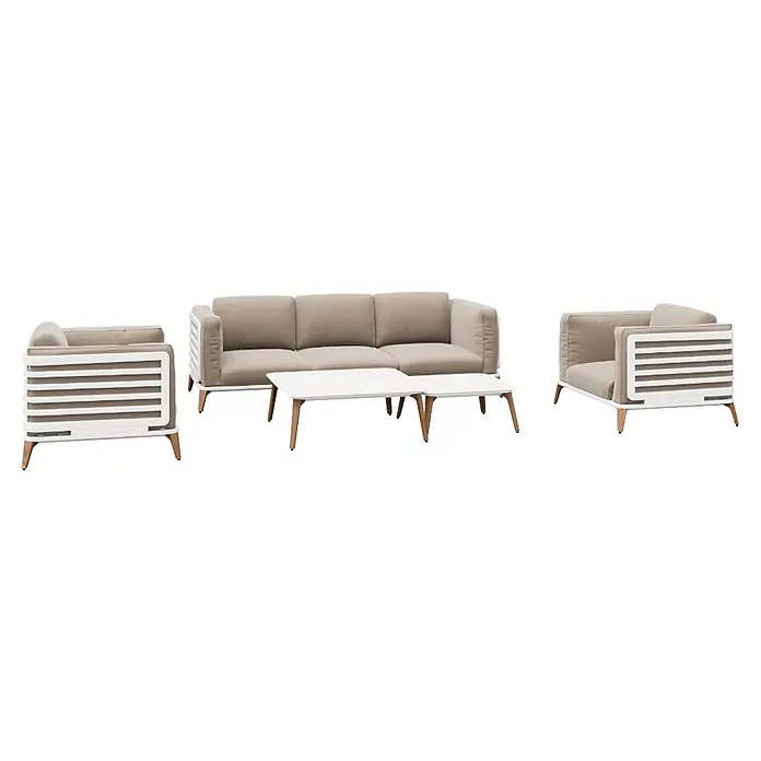 Kactus republic Conjunto de muebles Ferrari - 4 pzs., Aluminio/Madera sintética, Blanco - Conjunto lounge moderno de exterior: sofá de 3 plazas, 2 sillones, 2 mesas. Cojines beige claro, marcos de lamas blancos, patas de madera.