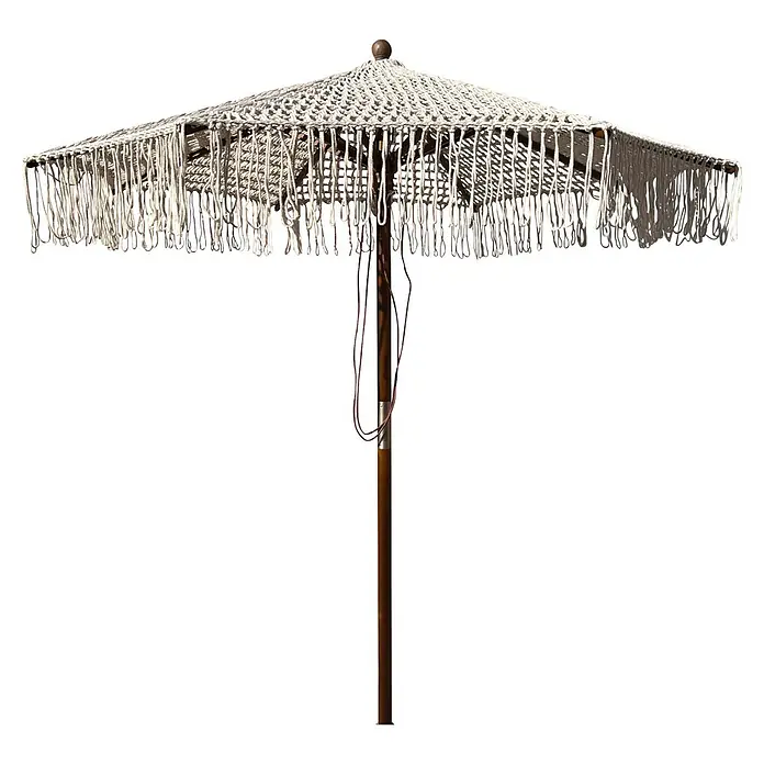 Parasol Macramé - Crudo, Diámetro de cobertura: 210 cm - Sombrilla de macramé blanca con palo de madera.