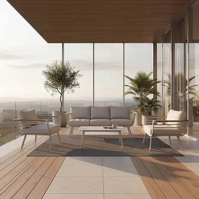 Kactus republic Conjunto de muebles Toronto - 4 pzs., Aluminio/Madera sintética, Blanco - Conjunto de salón exterior moderno: sofá claro, dos sillones y mesa de centro con cojines beige, en una terraza espaciosa.