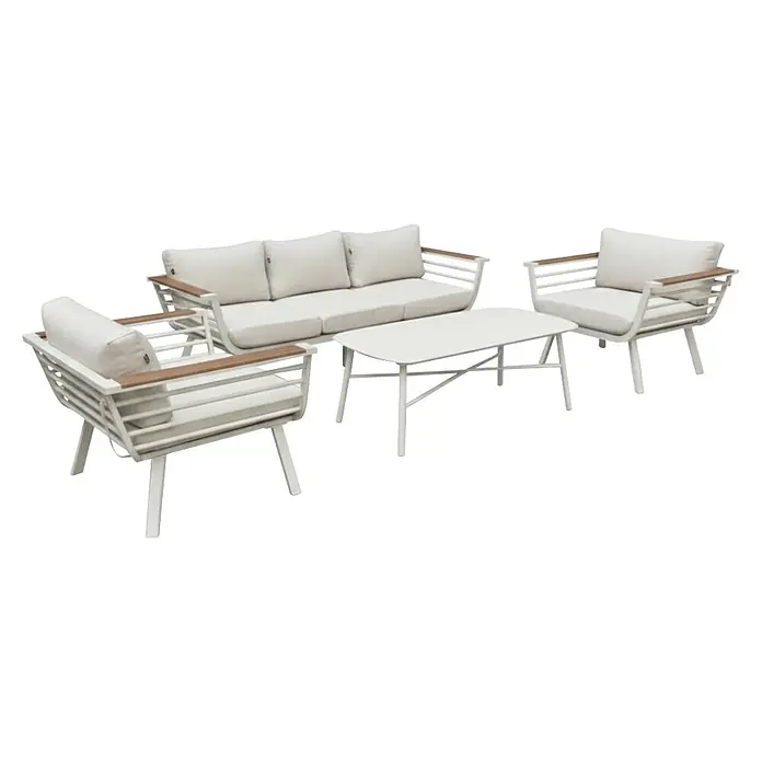 Kactus republic Conjunto de muebles Toronto - 4 pzs., Aluminio/Madera sintética, Blanco - Conjunto de salón exterior blanco con reposabrazos de madera clara, que incluye un sofá de tres plazas, dos sillones y una mesa de centro.