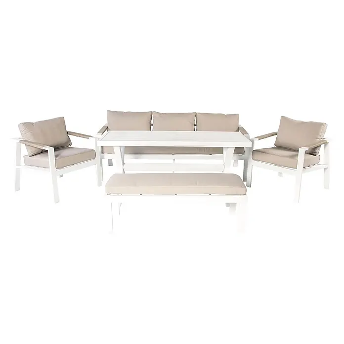 Kactus republic Conjunto de muebles Ímola - 5 pzs., Aluminio/Olefina, Blanco - Conjunto de comedor exterior blanco con cojines beige, incluyendo dos sillones, un sofá, una mesa y un banco.