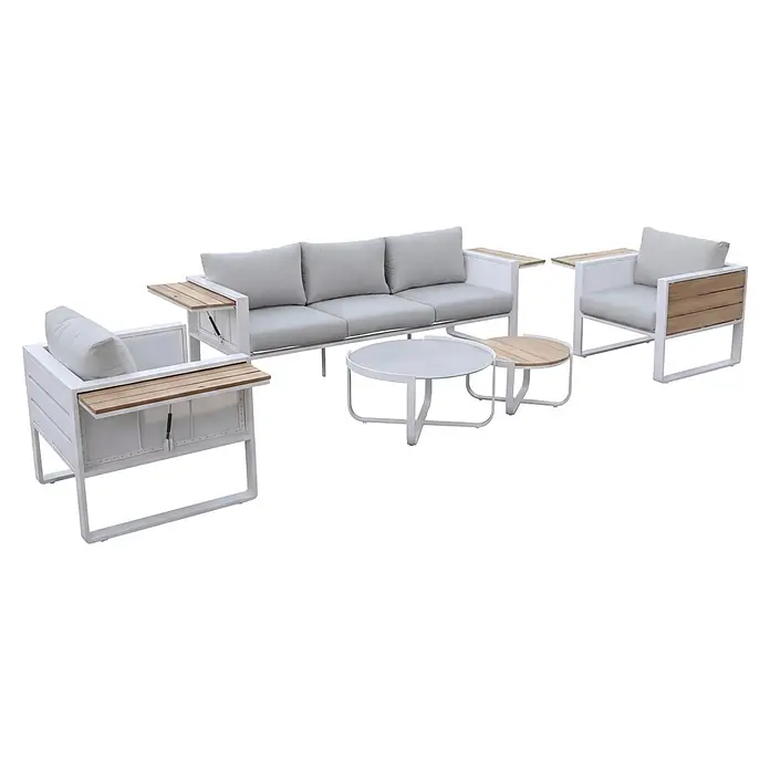 Kactus republic Conjunto de muebles Mónaco - 5 pzs., Aluminio/Teca, Blanco - Conjunto de salón exterior blanco con cojines gris claro y detalles de madera, incluye un sofá, dos sillones y dos mesas redondas.