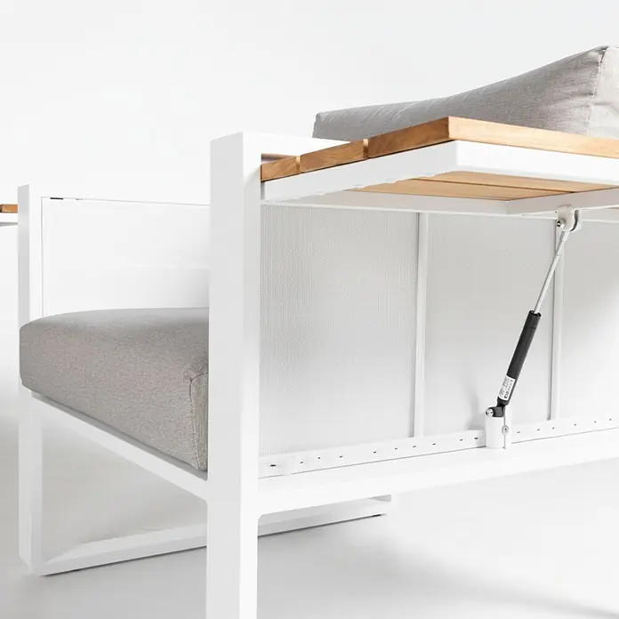 Kactus republic Conjunto de muebles Mónaco - 5 pzs., Aluminio/Teca, Blanco - Sofá de exterior de metal blanco con cojines grises y reposabrazos de madera elevable con almacenamiento y resorte de gas.