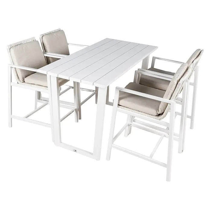 Kactus republic Conjunto de muebles Onix - 5 pzs., Aluminio/Ratán sintético, Blanco - Conjunto de barra exterior blanco con mesa de lamas y cuatro sillas con cojines beige claro.