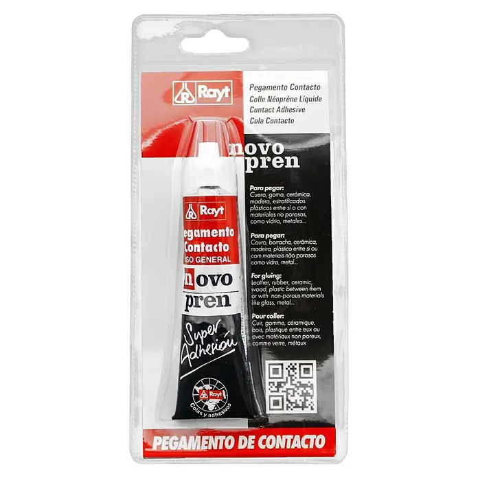 Rayt Adhesivo de contacto Novopren - 40 ml - Tubo de adhesivo de contacto Rayt en un blíster transparente. El tubo es blanco, rojo y negro, con la etiqueta 'Super Adhesion'.