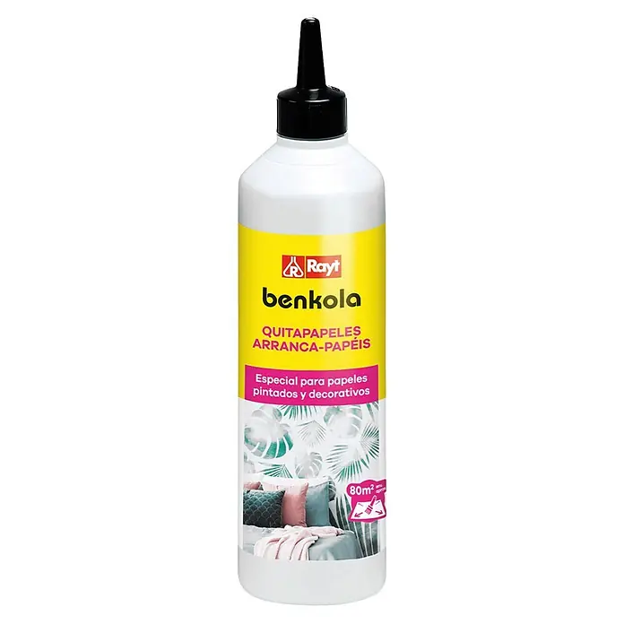 Rayt Eliminador de papel pintado benkola - 500 g - Botella blanca de quitapapeles Rayt Benkola, 80m², para papeles pintados y decorativos, con etiqueta amarilla/magenta.