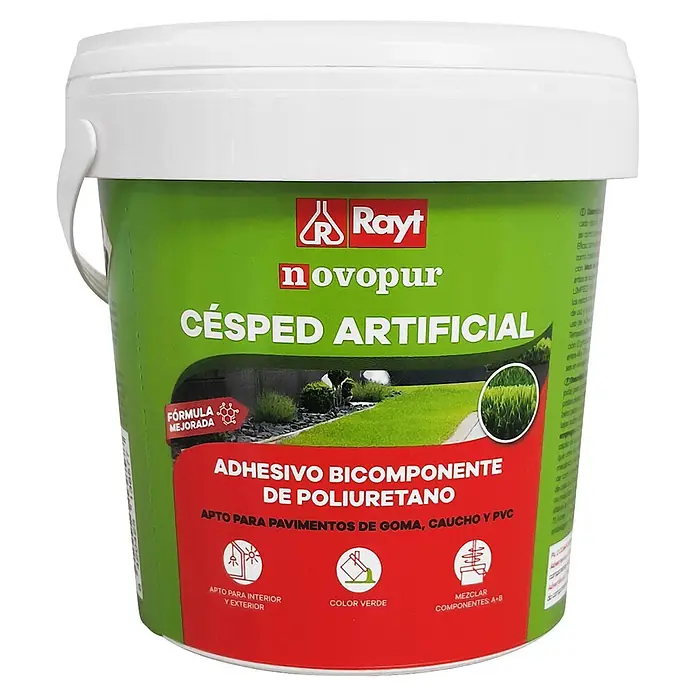 Rayt Adhesivo especial Novopur césped artificial - 1 kg - Cubo verde de adhesivo de poliuretano bicomponente Rayt Novopur para césped artificial. Verde, apto interior/exterior en goma, caucho y PVC.