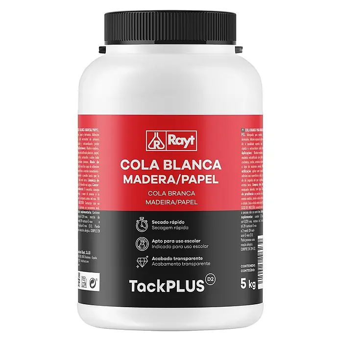 Rayt Cola blanca extra - Cubo, 5.000 g - Gran envase de cola blanca Rayt TackPLUS 5 kg para madera/papel, secado rápido, uso escolar, acabado transparente.