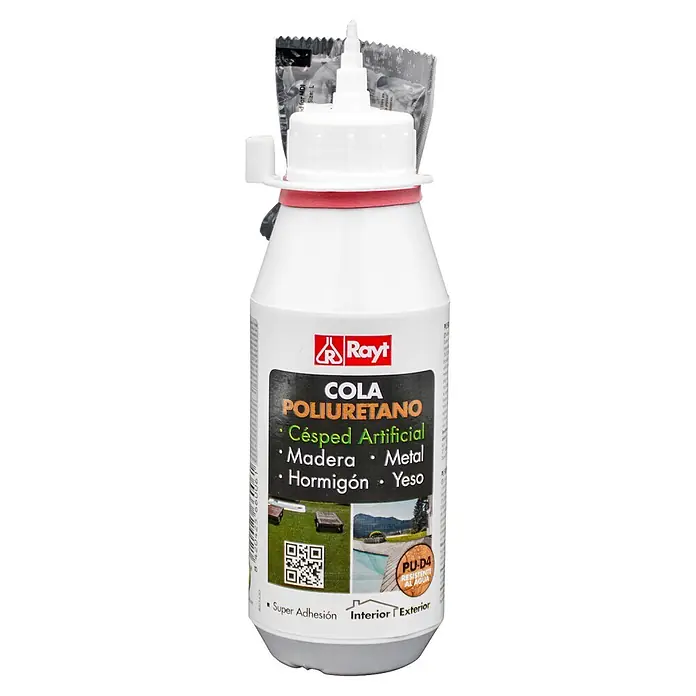 Rayt Adhesivo de poliuretano PU-500 - Blanco, 250 g - Botella blanca de pegamento de poliuretano Rayt para césped artificial, madera, metal, hormigón y yeso. Resistente al agua, interior/exterior.