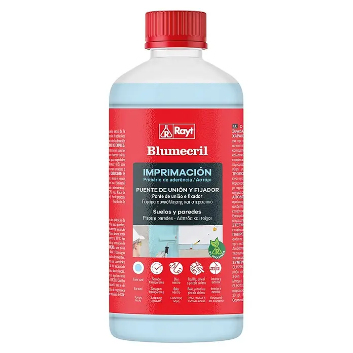 Rayt Imprimación universal Brumecril - 1 kg - Botella blanca de imprimación sin disolventes Rayt Blumecril para paredes y suelos con tapa roja.