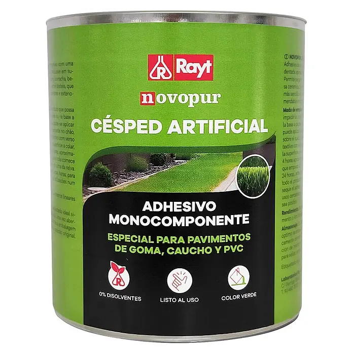 Rayt Adhesivo especial Novopur césped artificial - 1.000 g - Lata verde y negra de adhesivo monocomponente Rayt Novopur para césped artificial, caucho y suelos de PVC, sin disolventes y listo para usar.