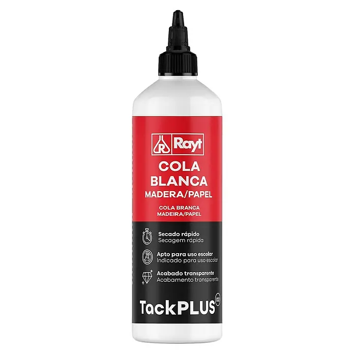 Rayt Cola blanca Super Fuerte - 750 g - Botella de cola blanca con tapa negra y etiqueta roja/negra para madera y papel. Secado rápido, acabado transparente, apta para uso escolar.