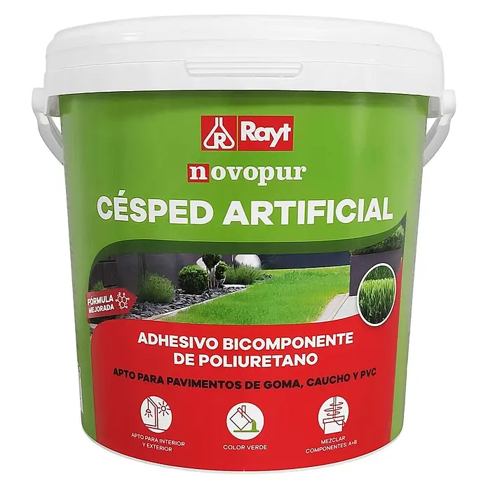 Rayt Fijación de suelos Novopur - 6.000 g, Para exterior - Cubo verde de adhesivo Rayt novopur para césped artificial. Poliuretà bicomponent per a paviments de goma, cautxú i PVC, interior/exterior.
