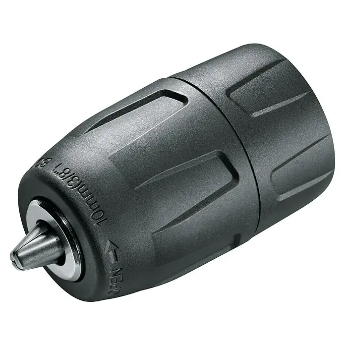 Bosch Power for All 18V Akku-Bohrhammer Uneo Maxx - 18 V, 1 Akku, 0,6 J - Nahaufnahme eines schwarzen Bohrfutters mit silberfarbenen Spannbacken und gut sichtbarer Gravur.