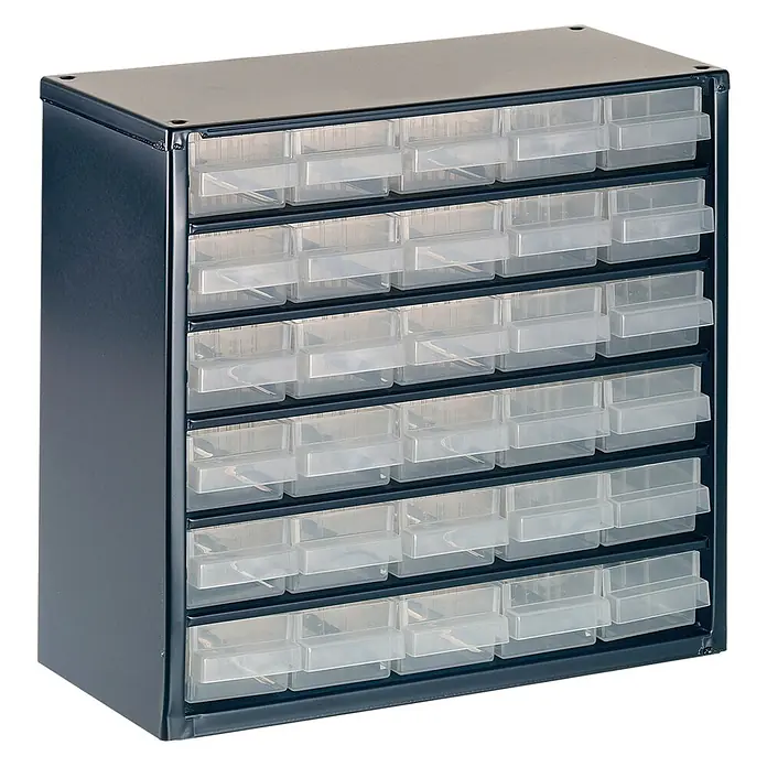 Tayg Organizador de piezas pequeñas - L x An x Al: 15,5 x 28 x 30,5 cm, Número de cajones: 30 ud. - Archivador metálico oscuro para piezas pequeñas con cajones de plástico transparente.