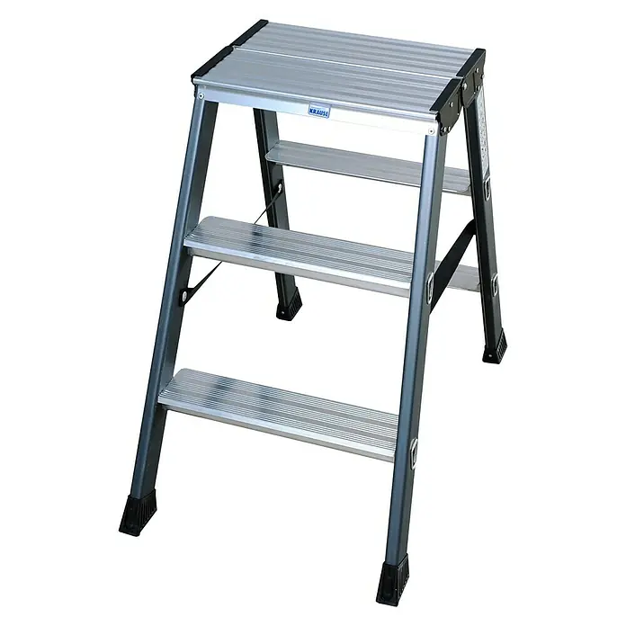 Krause Monto Doppelleiter SePro D - Anzahl Tritte: 6 Stk., Arbeitshöhe: 2,2 m, Aluminium - Bild einer 3-Stufen-Haushaltsleiter von Krause, ideal für den Innenbereich, mit rutschfesten Stufen und leichter Bauweise.