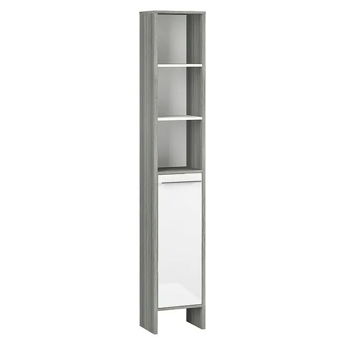 Astor Oslo Armario alto de baño - An x Pr x Al: 33 x 28 x 195,5 cm, Grafito, Blanco - Alto mueble de almacenamiento para baño en tonos grises y blancos con estantes y una puerta para guardar.