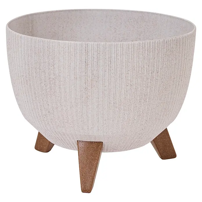 Siena Garden Pflanztopf OSLO STRIPE - Creme, Kunststoff, Außenmaß (Ø x H): 40 x 25 cm - Heller, beiger Pflanztopf mit gerillter und gesprenkelter Textur, drei dunkelbraunen, konischen Beinen.