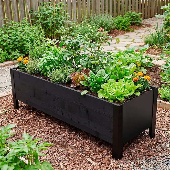 Upyard Pflanzkasten Modernbox niedrig - 118 x 36 x 32 cm, Holz, Schwarz - Schwarzes Hochbeet aus Holz, gefüllt mit verschiedenen Kräutern und Gemüse im Garten.