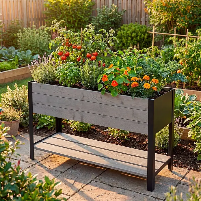 Upyard Hochbeet Modernbox hoch - 118 x 36 x 72 cm, Holz, Grau - Graues Hochbeet in Holzoptik mit schwarzem Metallrahmen und Ablage, bepflanzt mit Kräutern und Gemüse in einem sonnigen Garten.