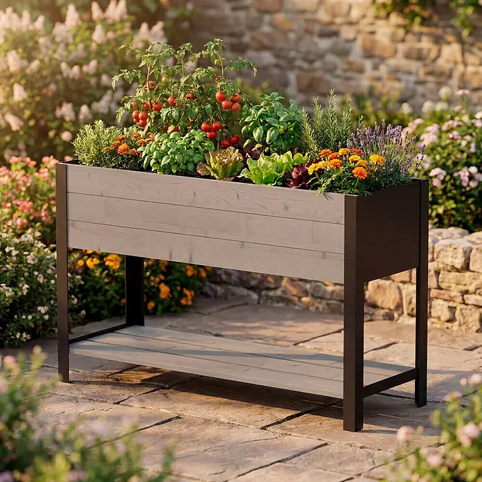 Upyard Huerto Modernbox alto - 118 x 36 x 72 cm, Madera, Gris/Negro - Un bancal elevado de madera gris claro con estructura de metal negro y estante inferior, con plantas, en un patio.