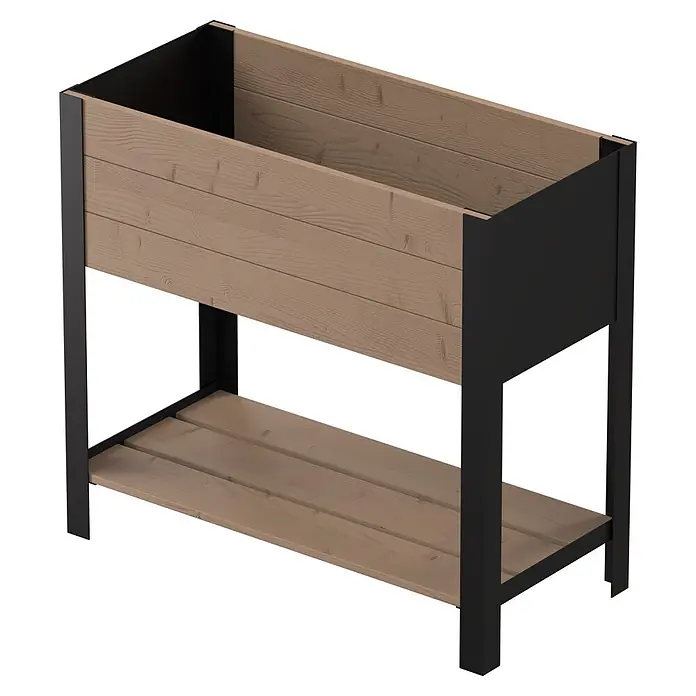 Upyard Huerto Modernbox alto - 78 x 36 x 72 cm, Madera, Marrón - Jardinera elevada de madera marrón con estructura de metal negro y estante inferior.