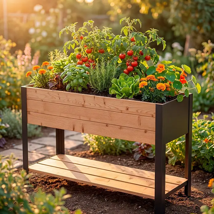 Upyard Hochbeet Modernbox hoch - 118 x 36 x 72 cm, Holz, Braun/Schwarz - Hölzernes Hochbeet mit dunklem Metallrahmen, gefüllt mit Tomaten, Kräutern, Salat und Ringelblumen, mit einer Lattenablage, in einem sonnigen Garten.