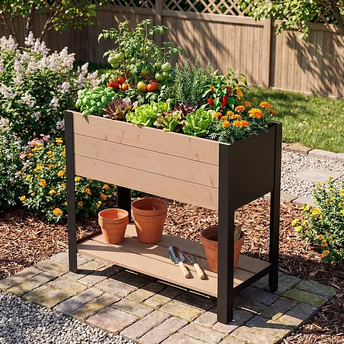 Upyard Hochbeet Modernbox hoch - 78 x 36 x 72 cm, Holz, Braun/Schwarz - Helles Hochbeet in Holzoptik mit schwarzem Rahmen, gefüllt mit Pflanzen und Gartengeräten auf unterer Ablage, im Garten.