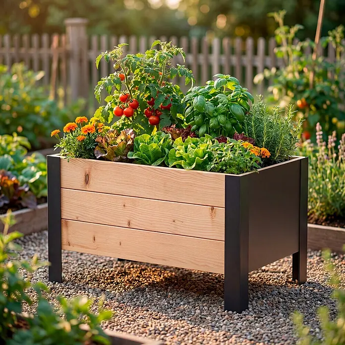 Upyard Pflanzkasten Modernbox niedrig - 58 x 36 x 32 cm, Holz, Braun/Schwarz - Pflanzkasten aus hellem Holz mit dunklem Metallgestell, bepflanzt mit frischem Gemüse und Kräutern im Garten.