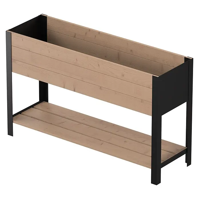 Upyard Huerto Modernbox alto - 118 x 36 x 72 cm, Madera, Marrón/Negro - Macetero elevado rectangular con paneles de madera clara y estructura de metal negro, con macetero superior y estante inferior.