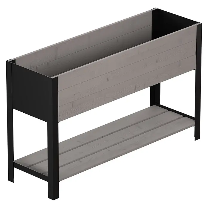Upyard Hochbeet Modernbox hoch - 118 x 36 x 72 cm, Holz, Grau - Erhöhtes graues Holz-Pflanzgefäß mit schwarzem Metallrahmen und unterer Ablage.