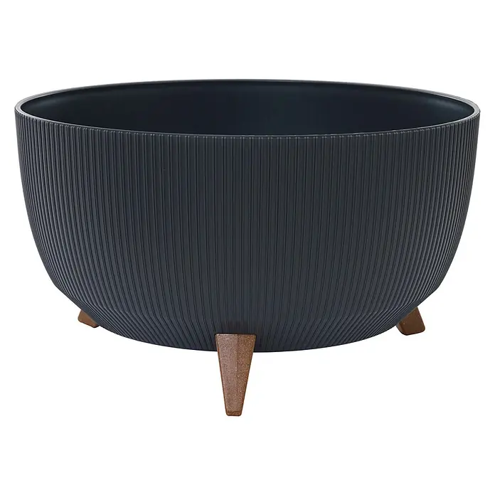 Siena Garden Pflanztopf OSLO STRIPE - Anthrazit, Kunststoff, Außenmaß (Ø x H): 47 x 26,5 cm - Anthrazitfarbene gerippte Pflanzschale mit drei hellbraunen Beinen.