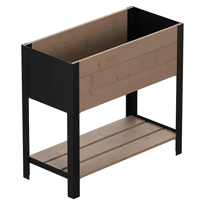 Upyard Huerto Modernbox alto - 78 x 36 x 72 cm, Madera, Marrón - Jardinera elevada con estructura de metal negro y caja de madera marrón claro con estante inferior de listones.