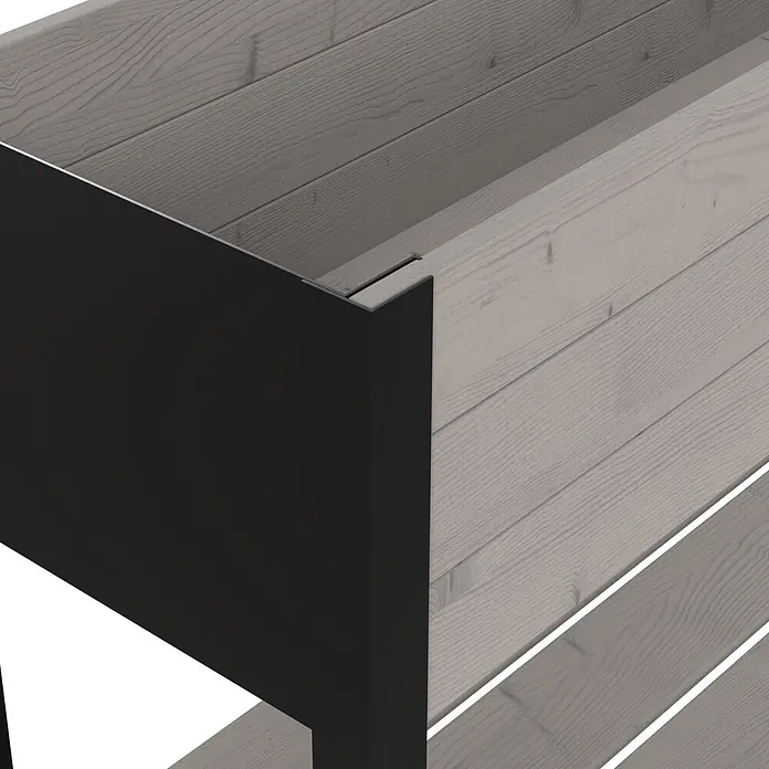 Upyard Hochbeet Modernbox hoch - 118 x 36 x 72 cm, Holz, Grau - Ecke eines Hochbeets aus schwarzem Metall und grauem Holz.