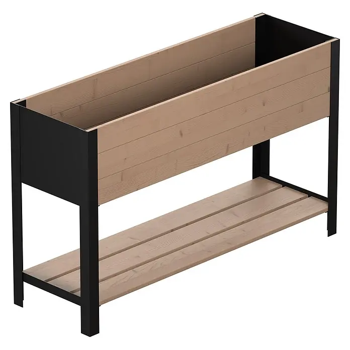 Upyard Huerto Modernbox alto - 118 x 36 x 72 cm, Madera, Marrón/Negro - Jardinera elevada con estructura de metal negro, paneles de madera clara y estante de listones.