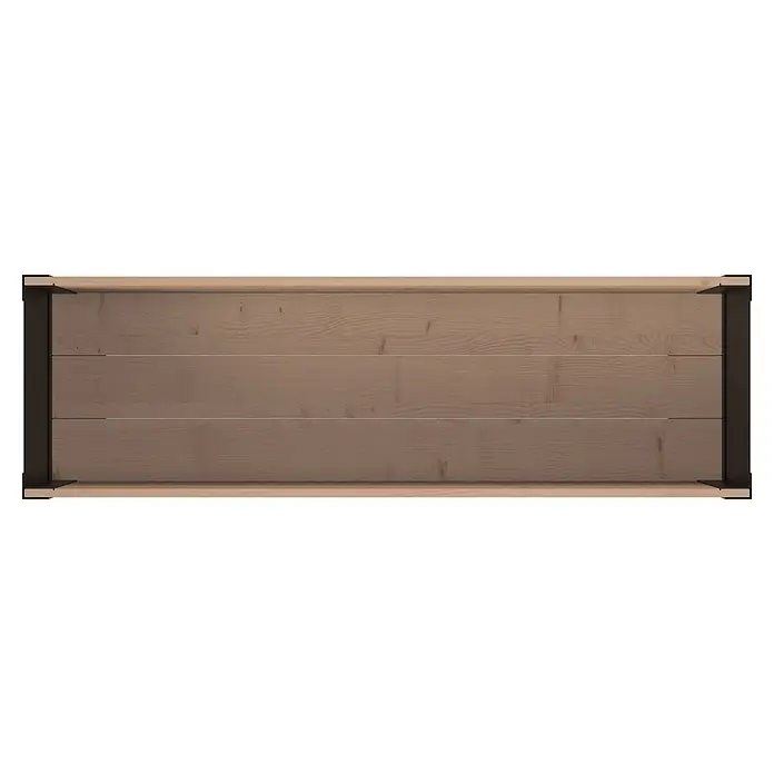 Upyard Hochbeet Modernbox hoch - 118 x 36 x 72 cm, Holz, Braun/Schwarz - Draufsicht auf eine rechteckige, hellbraune Holzoberfläche mit dunklen Metalleckstützen.