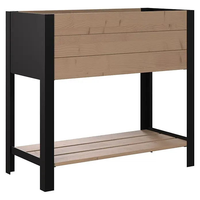 Upyard Hochbeet Modernbox hoch - 78 x 36 x 72 cm, Holz, Braun/Schwarz - Hochbeet mit heller Holzkiste und Lattenrost-Ablage, gestützt von schwarzem Metallrahmen.