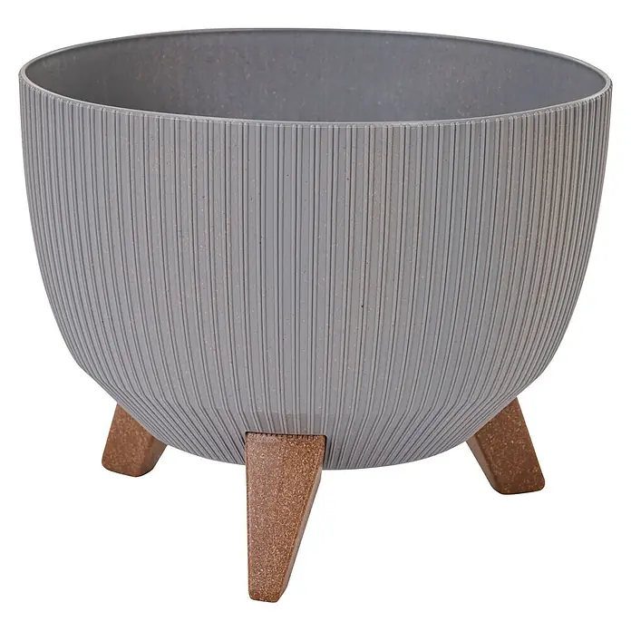 Siena Garden Pflanztopf OSLO STRIPE - Grau, Kunststoff, Außenmaß (Ø x H): 40 x 25 cm - Grauer gerippter Pflanztopf mit drei braunen, strukturierten Beinen.