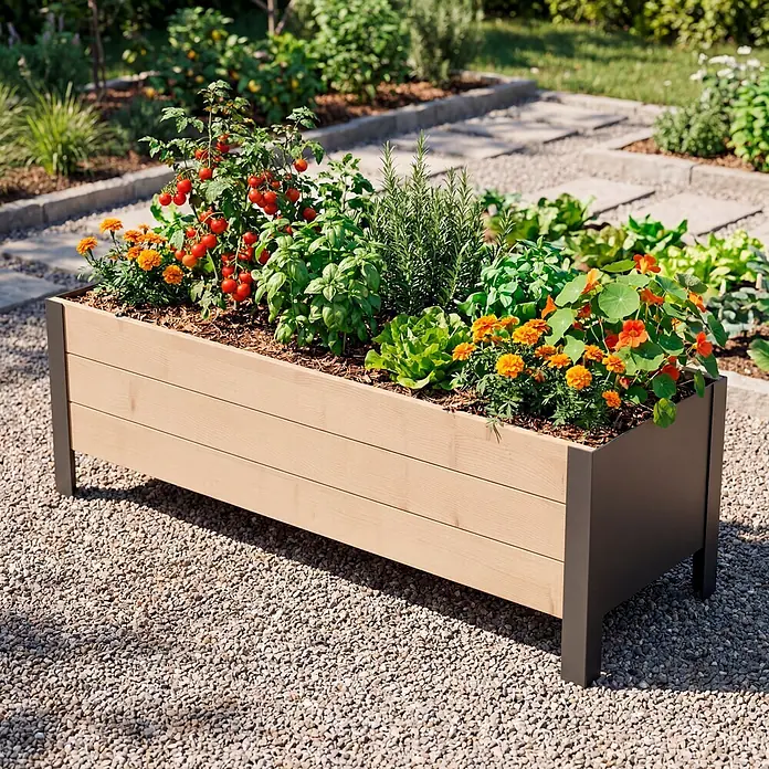 Upyard Pflanzkasten Modernbox niedrig - 118 x 36 x 32 cm, Holz, Braun/Schwarz - Hochbeet aus hellem Holz und dunklem Metall, gefüllt mit Tomaten, Kräutern und Blumen, draußen auf Kies.