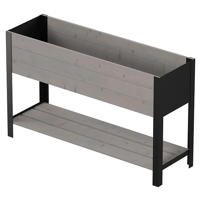 Upyard Huerto Modernbox alto - 118 x 36 x 72 cm, Madera, Gris/Negro - Huerto urbano elevado con jardinera de madera gris y estante inferior de listones, soportado por un marco de metal negro.