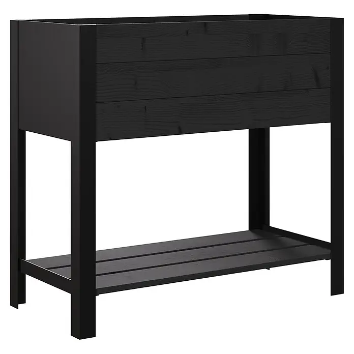 Upyard Hochbeet Modernbox hoch - 78 x 36 x 72 cm, Holz, Schwarz - Schwarzer, erhöhter Pflanzkasten aus Holz mit Lamellenwänden und einer unteren Ablage.
