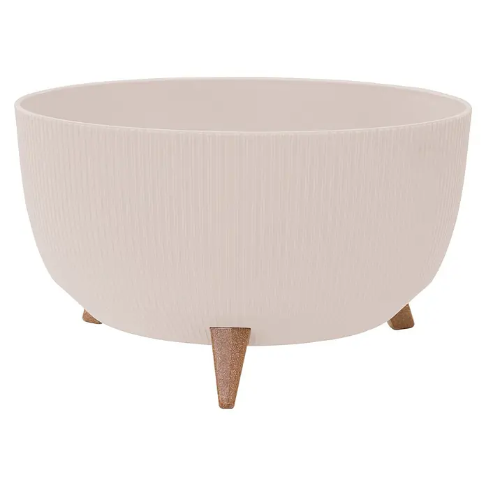 Siena Garden Pflanztopf OSLO STRIPE - Creme, Kunststoff, Außenmaß (Ø x H): 47 x 26,5 cm - Hellbeiger gerippter Pflanztopf mit drei kurzen, strukturierten braunen Beinen.