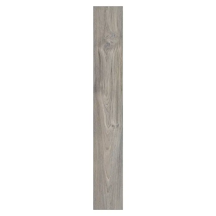 LOGOCLIC Ambienta Laminatmuster Eiche Alba - 296 x 195 x 1 mm, Landhausdiele - Ein vertikales Bild einer einzelnen Diele hellgrauen Laminatbodens mit sichtbarer Maserung, ideal für modernes Innendesign.