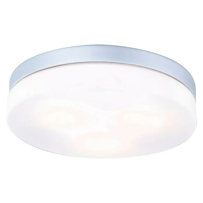 Globo Plafón para pared y techo exterior Vranos 30 - 40 W, L x An x Al: 30 x 30 x 7 cm, Plateado, Opal, IP44 - Primer plano de una lámpara de techo redonda y blanca con un borde azul pálido, que emite una luz suave y difusa.