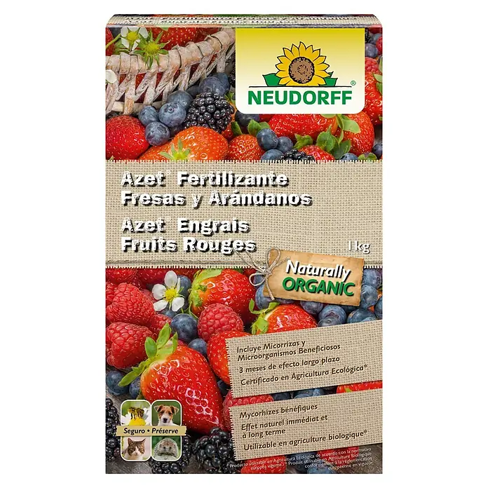 Neudorff Azet Fertilizante para fresas y arándanos - 1 kg - Envase de fertilizante Neudorff Azet para bayas, 1kg, con imágenes de bayas y certificación orgánica.