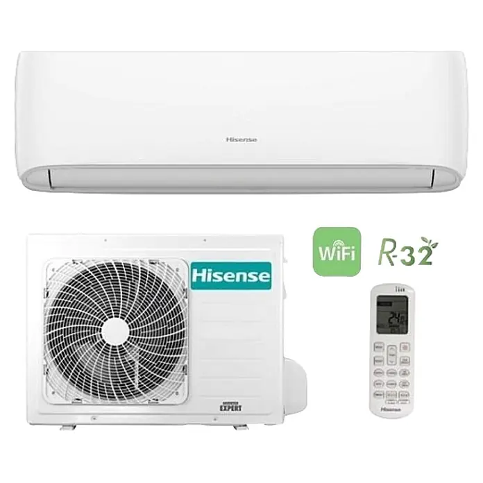 Hisense Style Aire acondicionado Inverter CF35MR04 + Instalación - 3,2 kW, 3,3 kW, Tamaño de la estancia: 30 m² - 35 m² - Sistema de aire acondicionado split Hisense blanco con unidad interior, exterior y mando a distancia, con WiFi y refrigerante R-32.