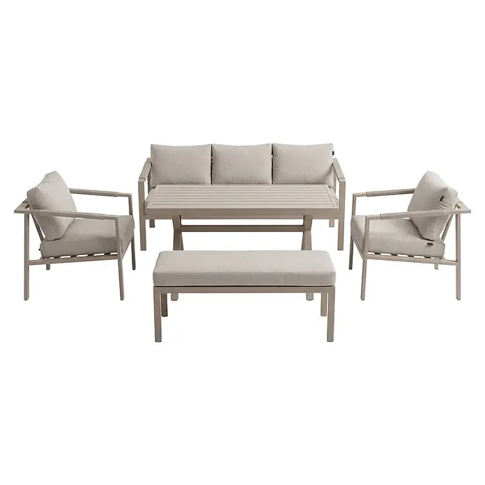 Kactus republic Conjunto de muebles Ímola - 5 pzs., Aluminio/Olefina, Champagne - Conjunto de salón de exterior gris claro con sofá, dos sillones, mesa de centro y banco.