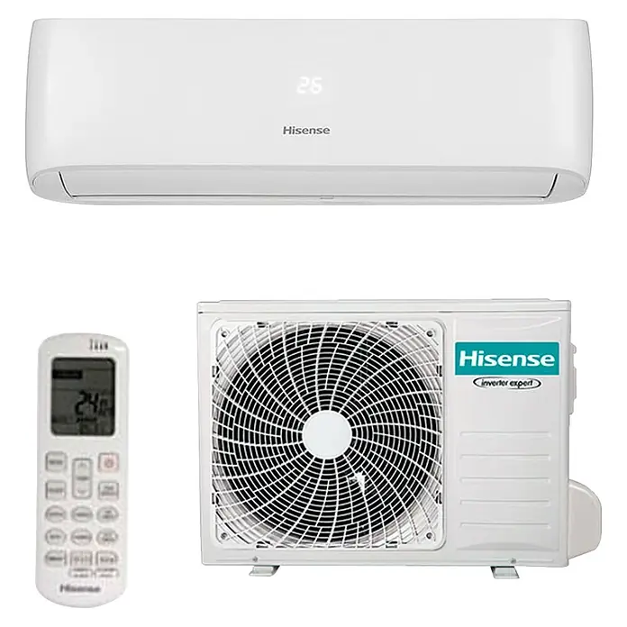 Hisense Style Aire acondicionado Inverter CF50XS04 + Instalación - 5 kW, 5,6 kW, Tamaño de la estancia: 40 m² - 45 m² - Conjunto blanco Hisense de aire acondicionado split con unidad interior mostrando '26', unidad exterior y mando.