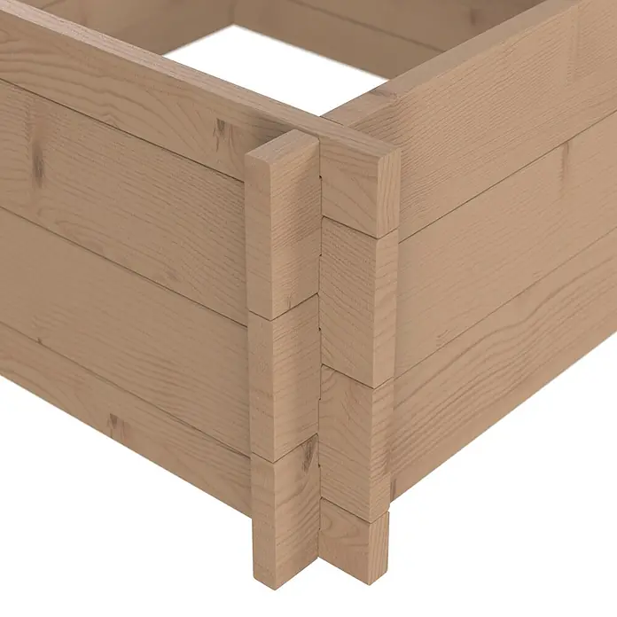 Upyard Hochbeet Multibox - L x B x H: 59 x 59 x 29,5 cm, Holz, Braun - Ecke eines hellbraunen Hochbeets aus Holz mit ineinandergreifender Konstruktion.