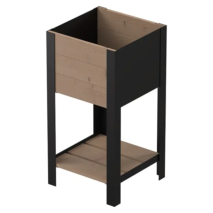 Upyard Huerto Modernbox alto - 36 x 36 x 72 cm, Madera, Marrón - Jardinera alta con estructura de metal negro y paneles de madera marrón claro, con estante inferior de listones.